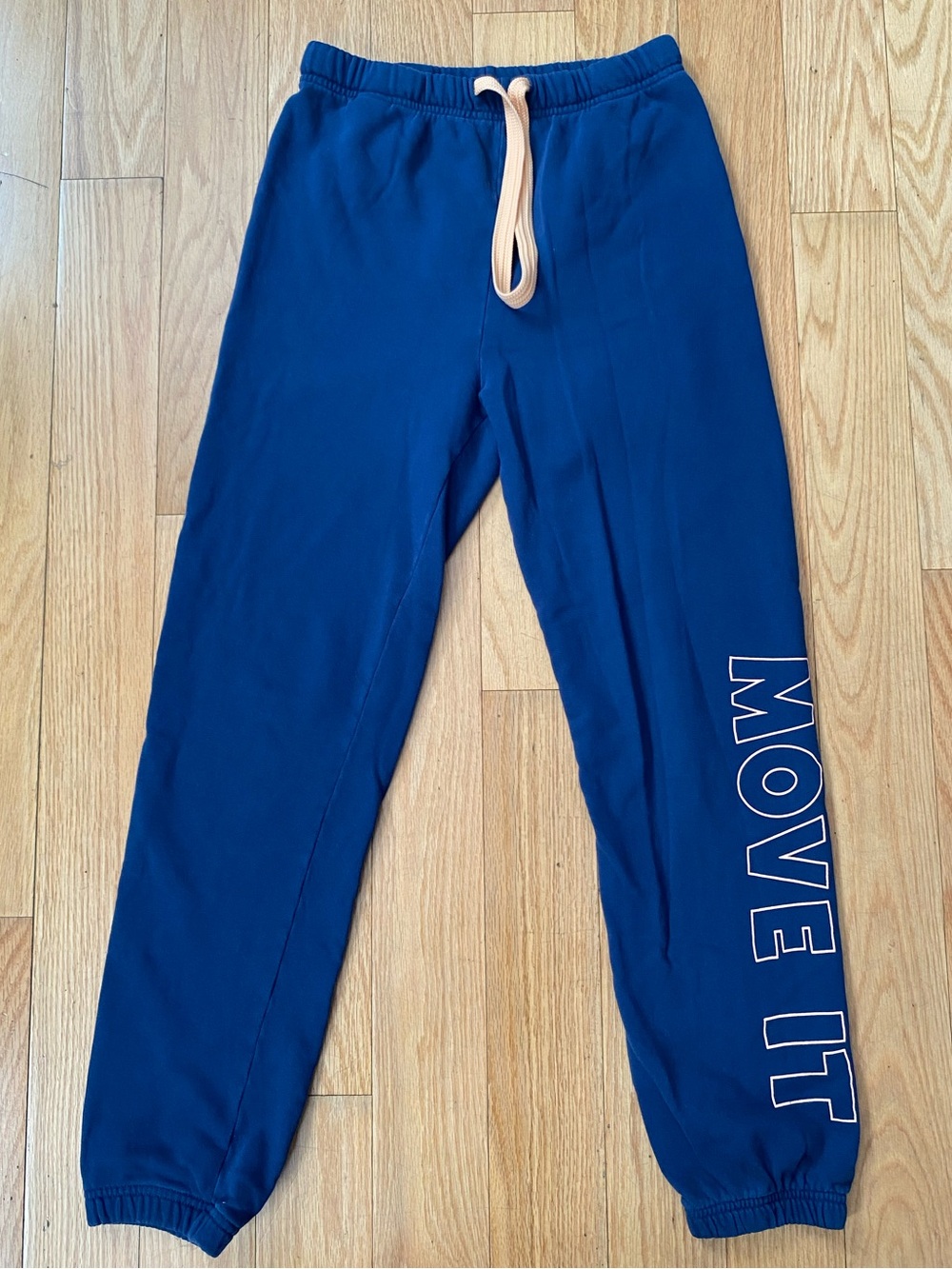 MOTHER Navy Sweatpants with Cream Drawcord and 'MOVE IT' Leg Graphic